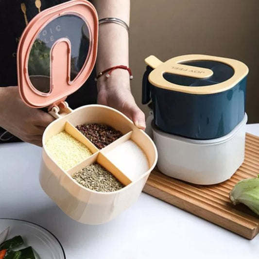 4-in-1 Spice Storage Box – Modern Partitioned Seasoning Jar with Free Spoon (Random Color)